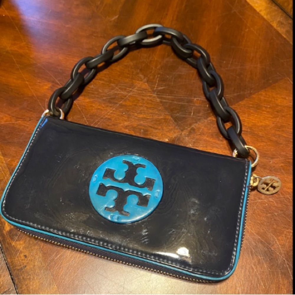 Tory Burch Black Patent Leather Wristlet with Turquoise Logo Accent